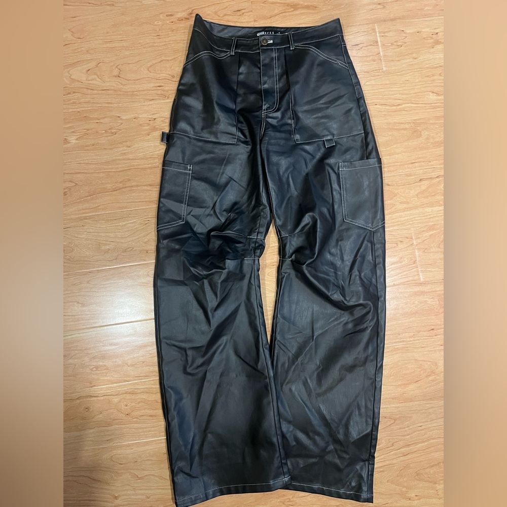 LIONESS | Trendy Faux Leather Black Cargo Pants | S